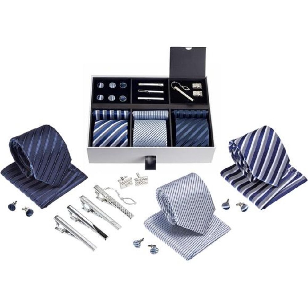 Premium Men’s Gift Tie Set Silky Necktie Pocket Squares Tie Clips Cufflinks